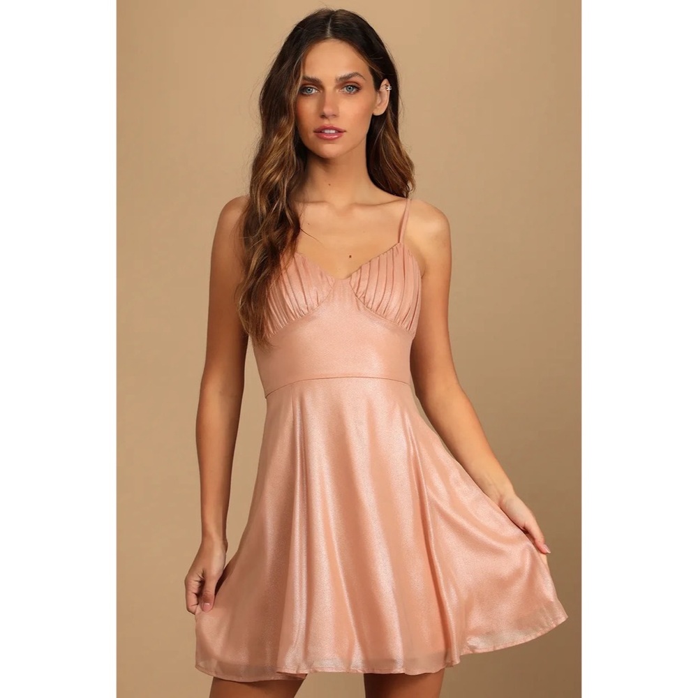 Lulus Rose Gold Shimmer Ruched Bust Fit and Flare Mini Dress NWT Rose Gold Blush